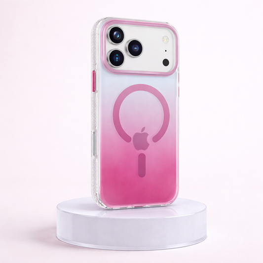Phone case with gradient design and Apple logo on a white background