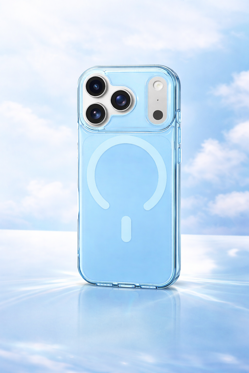 Clear phone case with a logo on a light blue background