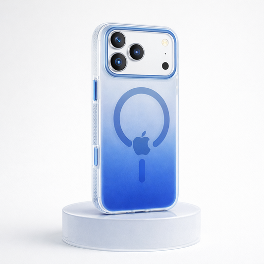 Blue gradient phone case with Apple logo on a white background