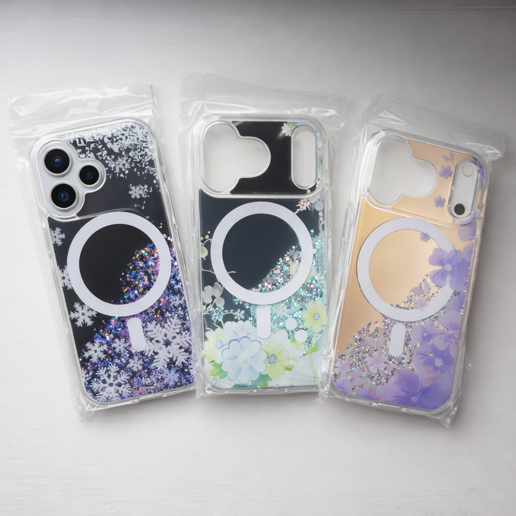 Three phone cases with floral and glitter designs in clear packaging on a light gray background