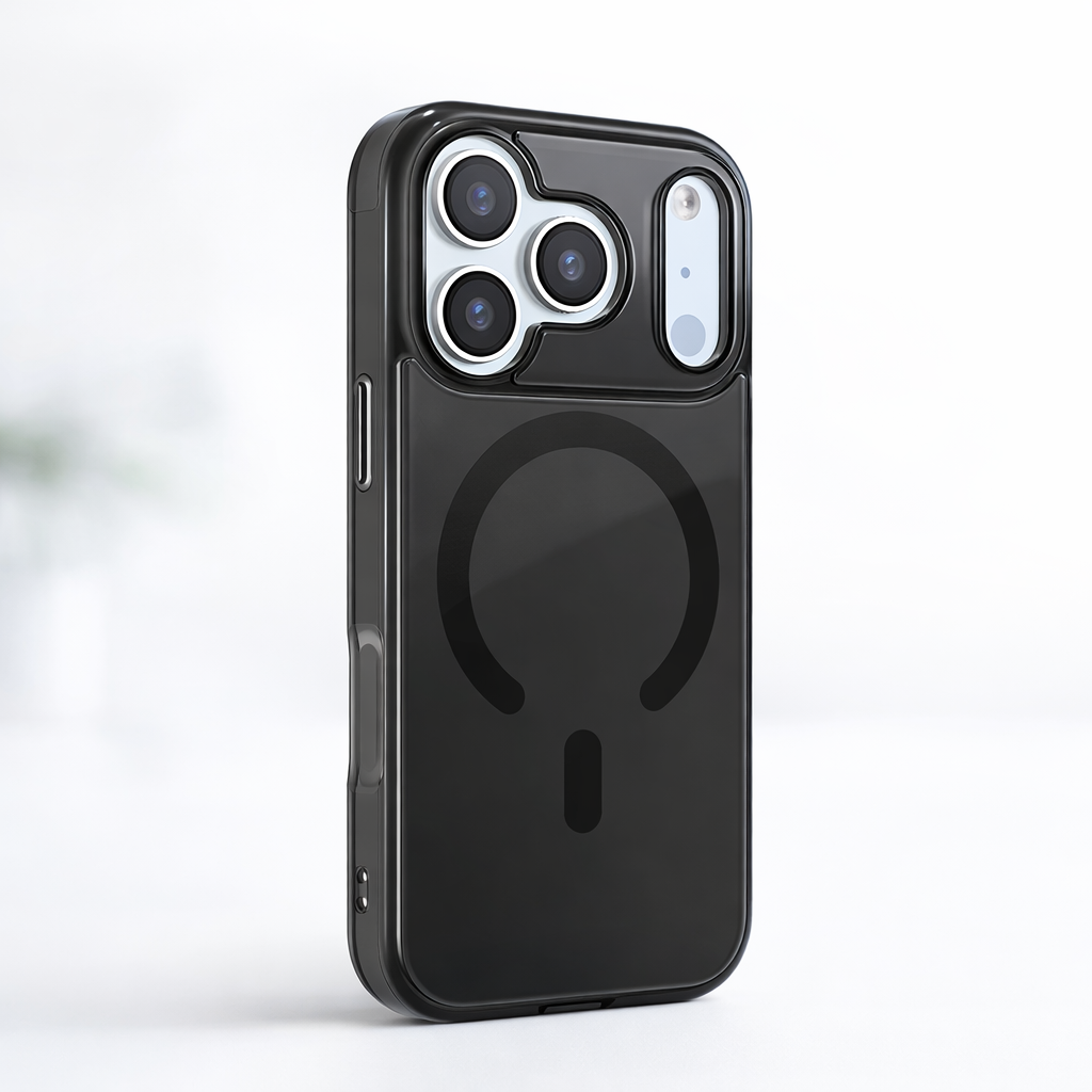 Black phone case with a ring holder on a white background