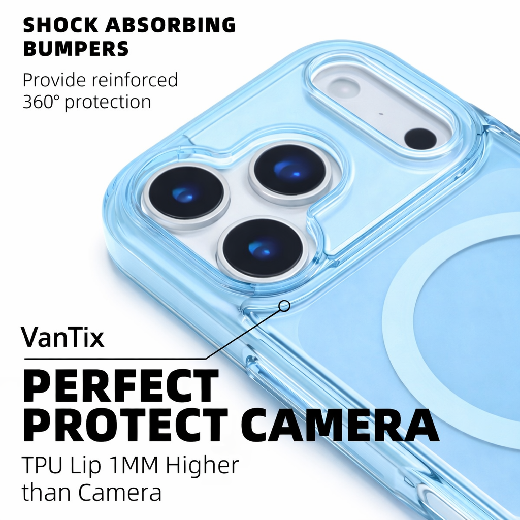 Blue phone case with camera protection features and VanTix branding.