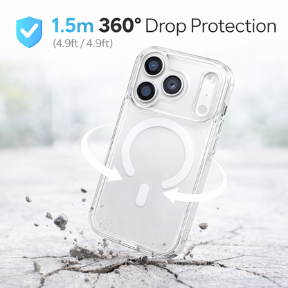 Clear phone case with 360-degree drop protection feature on a blurred background