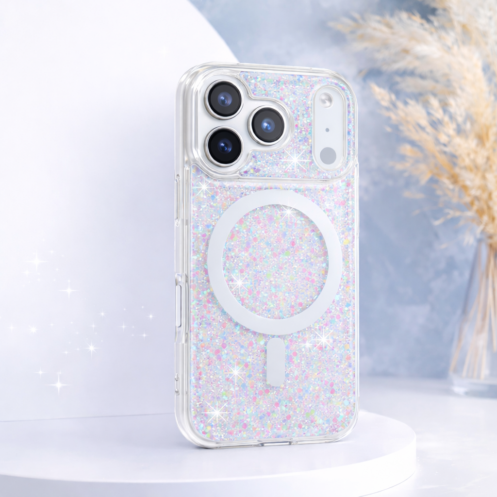 Phone case with glittery design and PopSockets grip on a light background