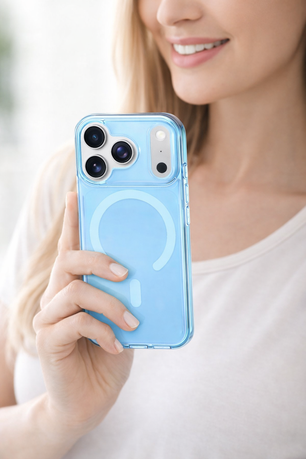 Person holding a blue phone case with a visible brand logo.