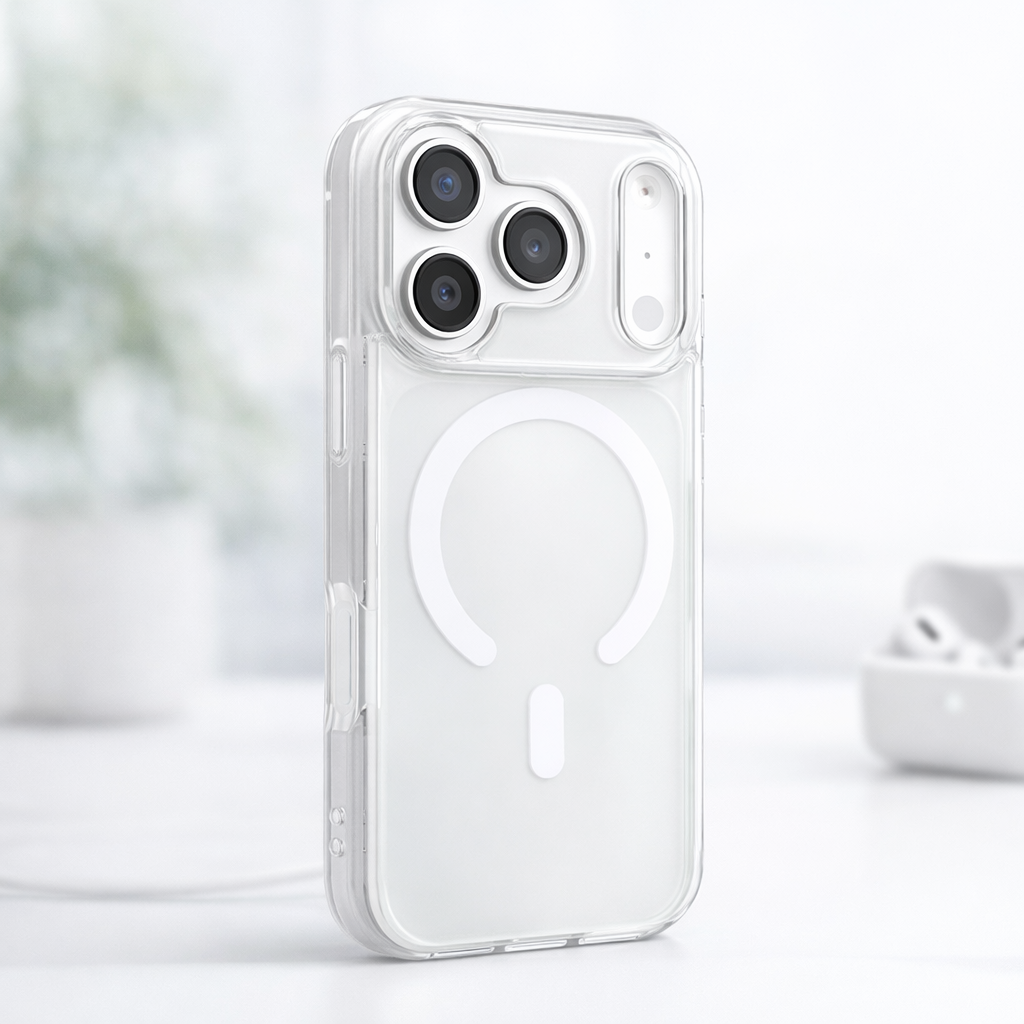 Clear phone case with AirTag holder on a white background