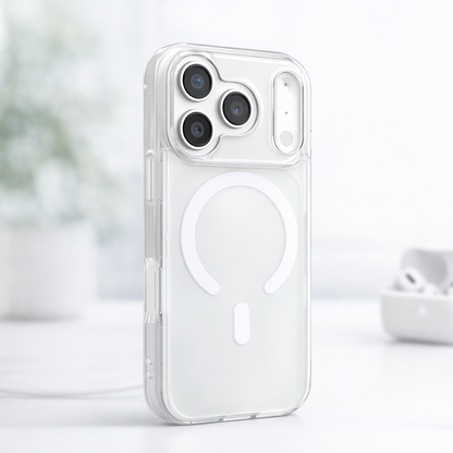Clear phone case with AirTag holder on a white background