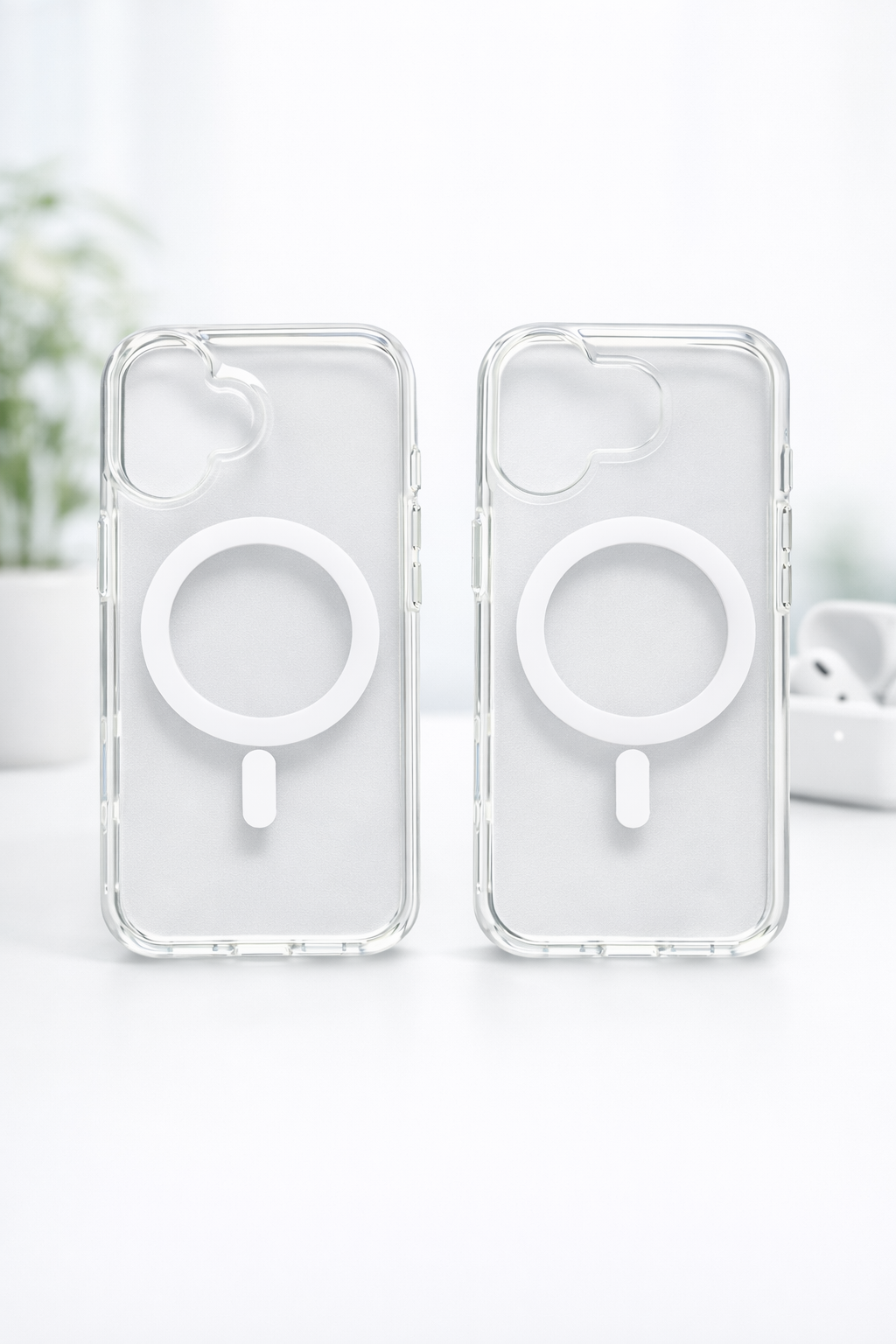 Two clear phone cases with white accents on a light background