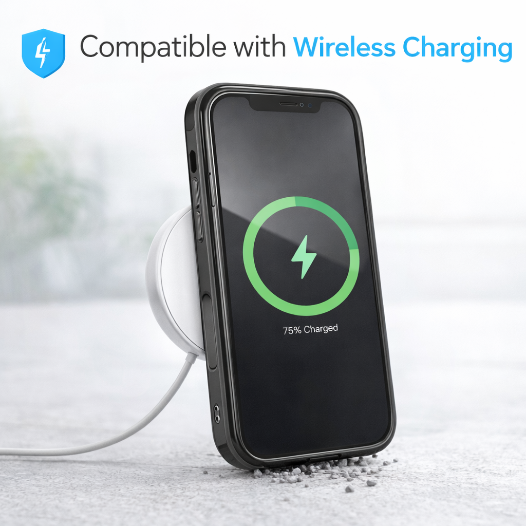 Smartphone with wireless charging icon on screen, placed on a white surface.