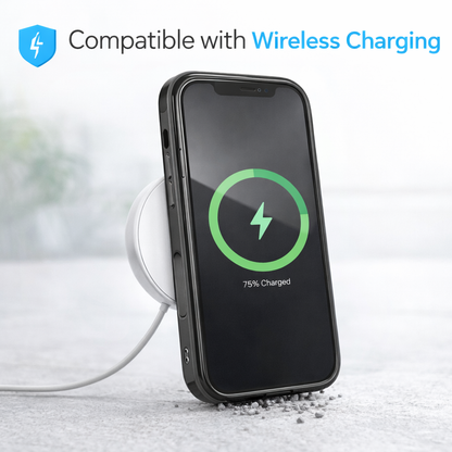 Smartphone with wireless charging icon on screen, placed on a white surface.