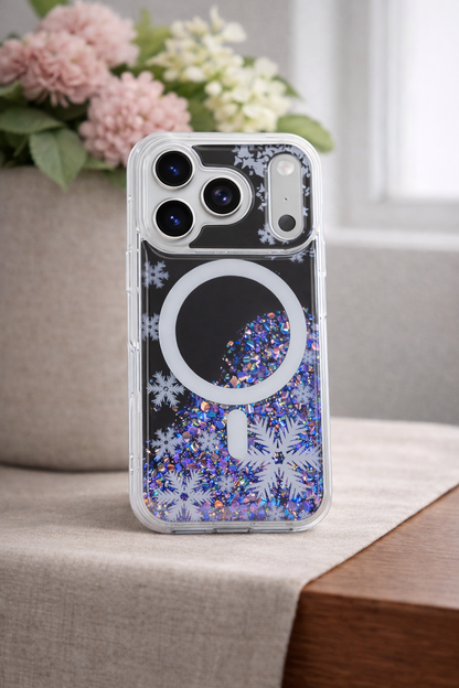 Phone case with glittery design on a surface with flowers in the background