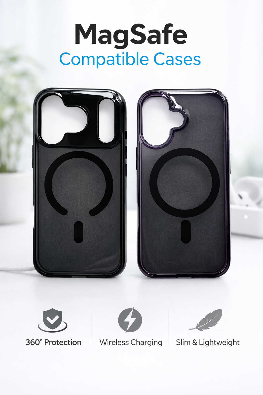 Two black phone cases with MagSafe logo on a white background