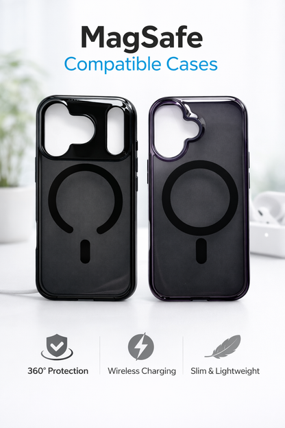 Two black phone cases with MagSafe logo on a white background