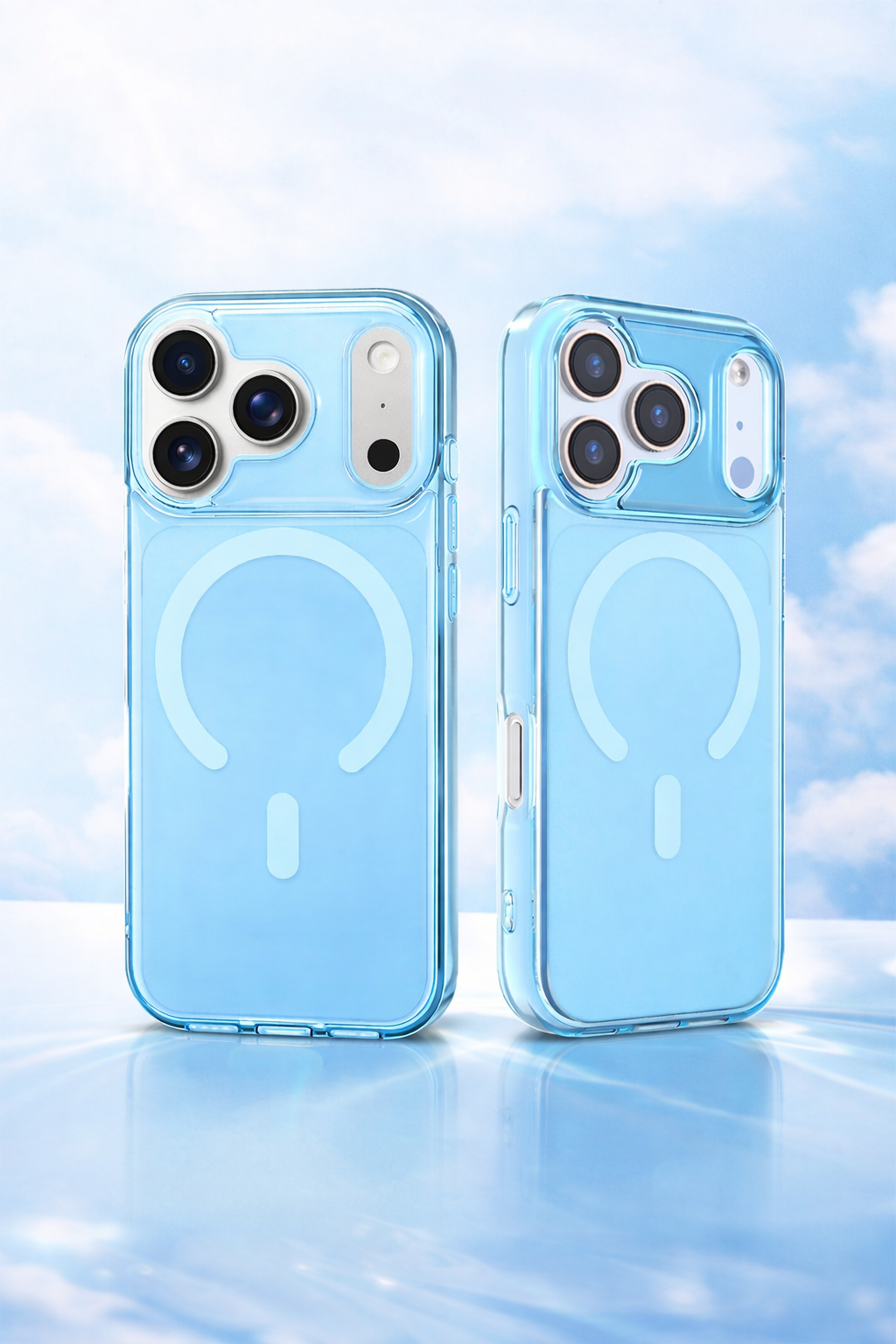 Clear phone case with Apple logo on a reflective surface with a blue sky background