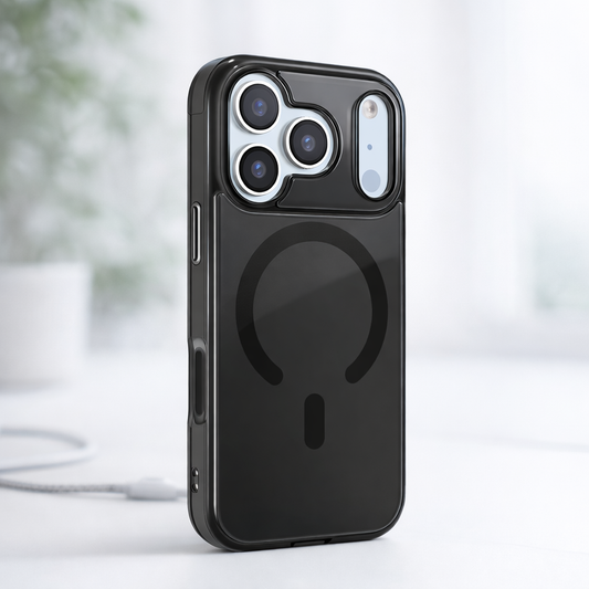 Black phone case with a ring holder on a blurred background
