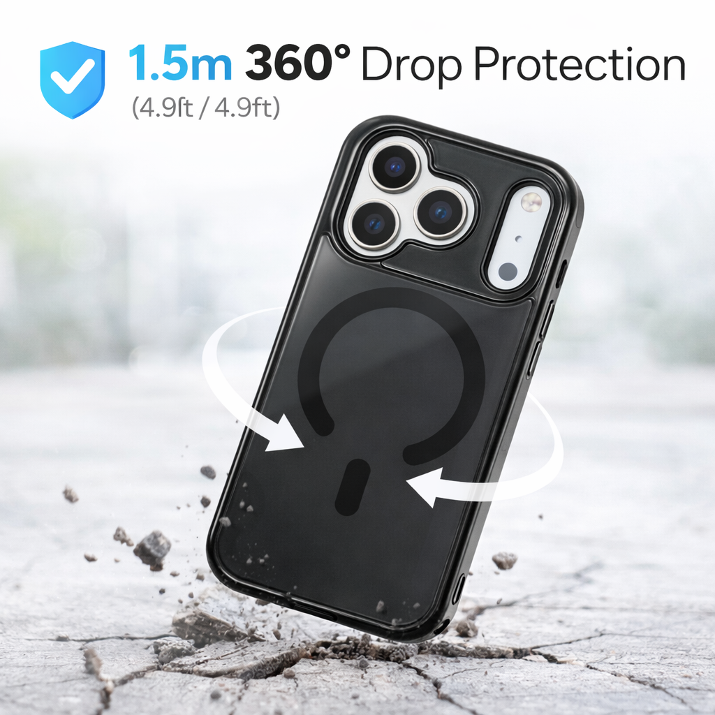 Phone case with 360-degree drop protection feature on a blurred background