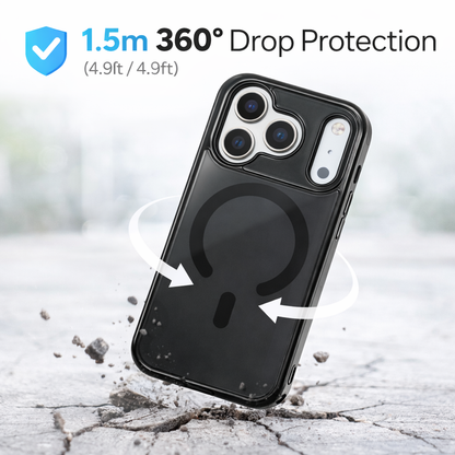 Phone case with 360-degree drop protection feature on a blurred background