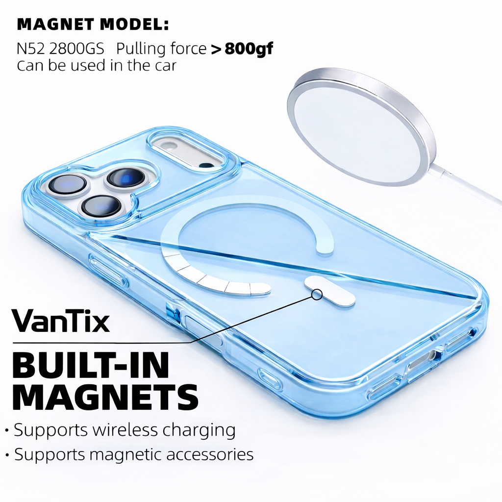 Blue phone case with built-in magnets and wireless charging support, featuring VanTix branding.