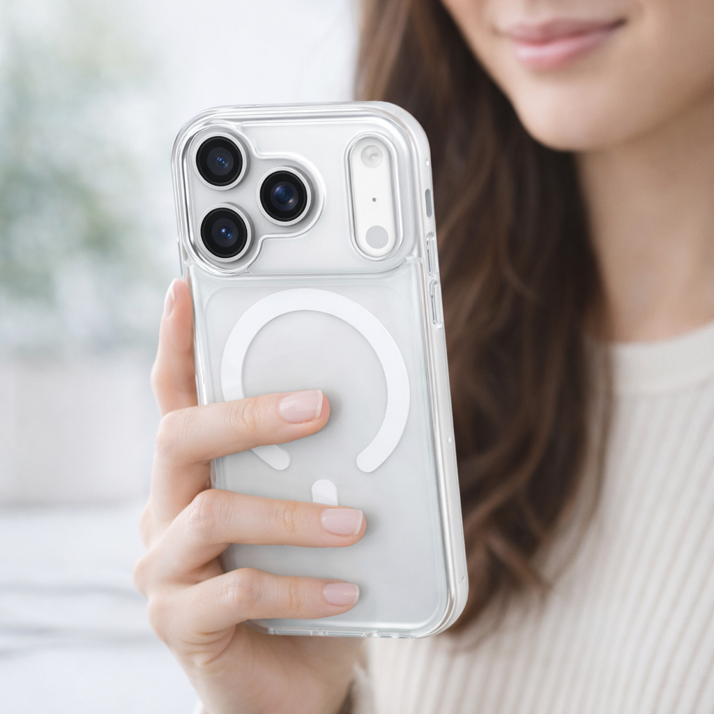 Person holding a phone with a clear case featuring Apple's MagSafe design.