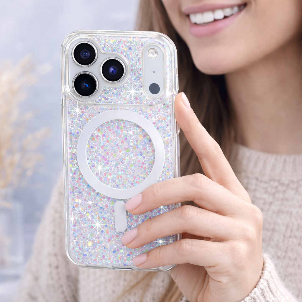 Person holding a phone with a glittery case against a blurred background
