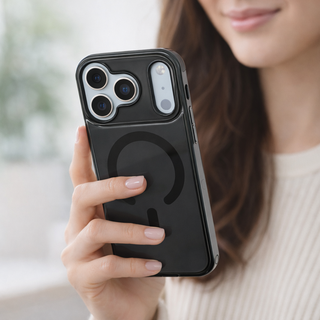 Person holding a black phone case with a minimalist design